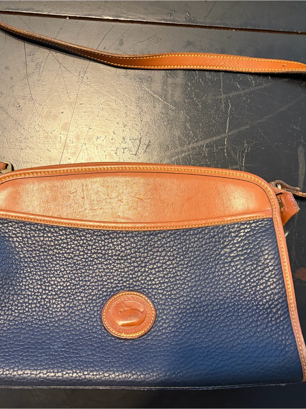 Dooney & Bourke Navy Pebble Leather Crossbody with Tan Trim